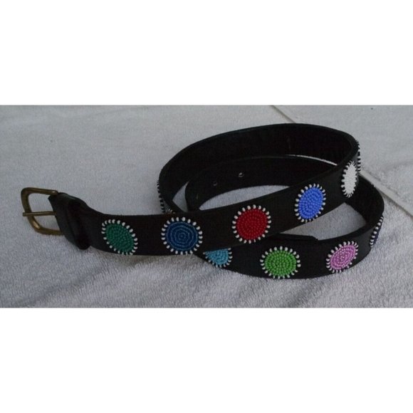 Belt Beaded Circles Handmade Masaai Maasai Masai leather Sz 35 (34\